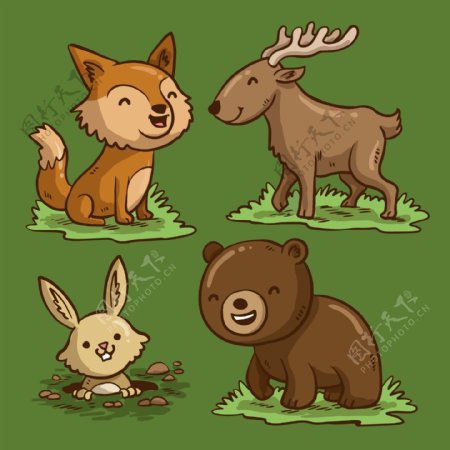 4款卡通笑脸森林动物矢量图