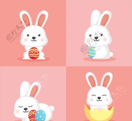4款可爱白色抱彩蛋的兔子