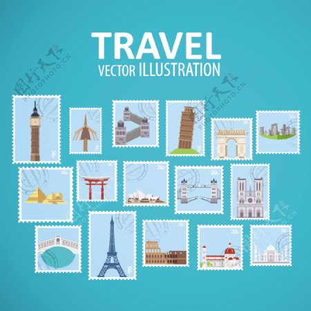 16张世界旅行邮票矢量素材