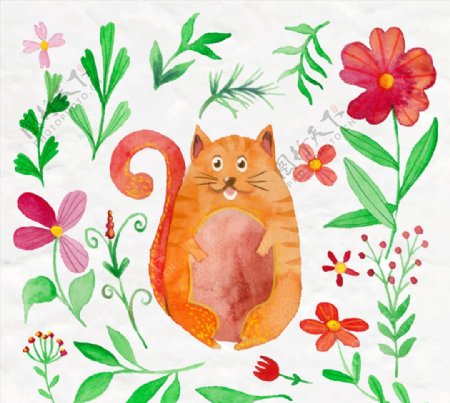 水彩绘花卉和猫咪矢量素材
