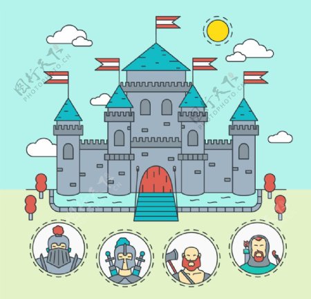 中世纪城堡和勇士插图