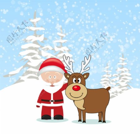 卡通圣诞老人与麋鹿插画矢量素材