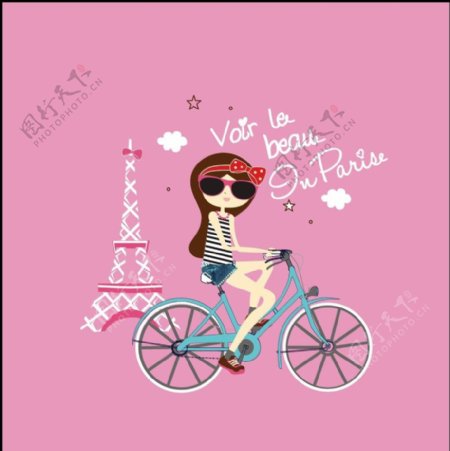 卡通时尚美女骑自行车素材