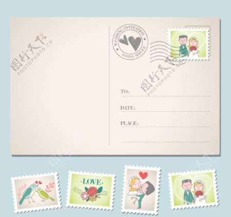 婚礼邀请明信片与邮票设计矢量素