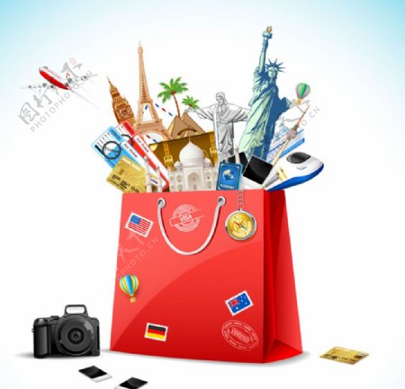 创意环球旅行购物袋背景矢量素材