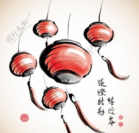 春节水墨红灯笼矢量素材