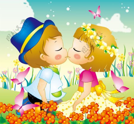 互相亲吻的可爱卡通恋人