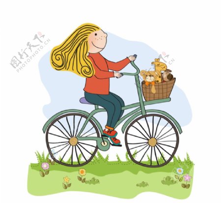 卡通骑单车的女孩