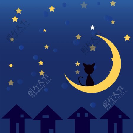 卡通黑夜月亮上的猫