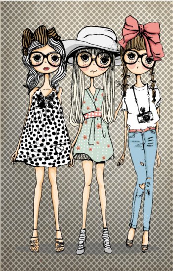 三个带眼镜的女孩卡通插画
