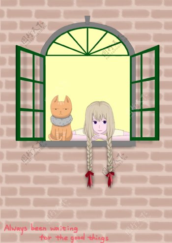 手绘窗台上的猫咪与女孩