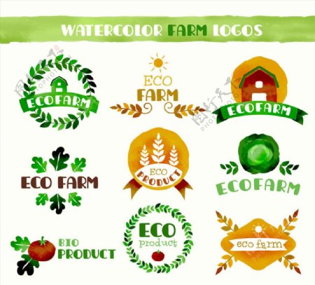 9款水彩绘生态农耕标志矢量素材