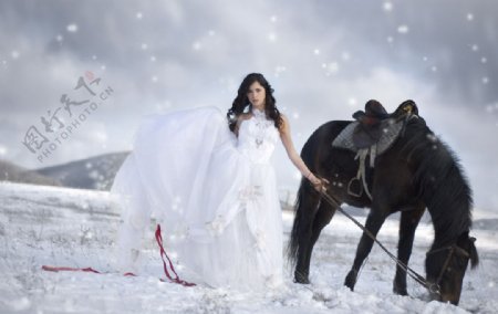 雪地里美女牵马婚纱照