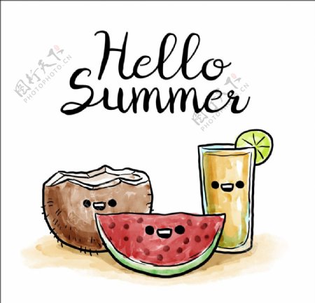 水彩夏季水果和饮料背景