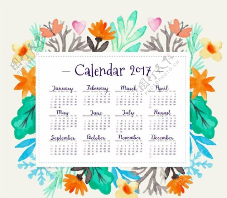2017年日历与水彩花卉模板源