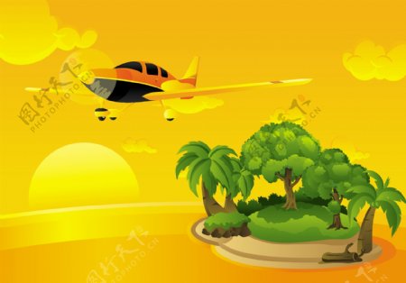 飞机太阳海岛树
