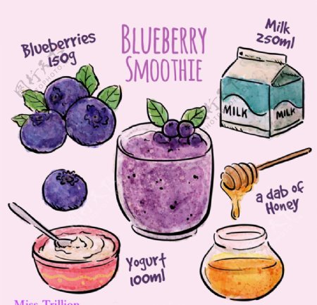 可爱手绘蓝莓奶昔食谱矢量图