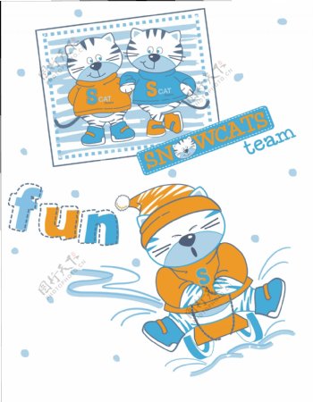 卡通猫滑雪矢量图下载