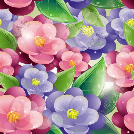 盛开的蓝色粉色花朵和绿叶插画