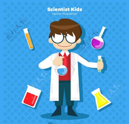 科学家孩子配眼镜和实验室