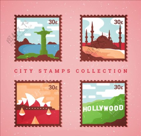 各种各样的城市邮票