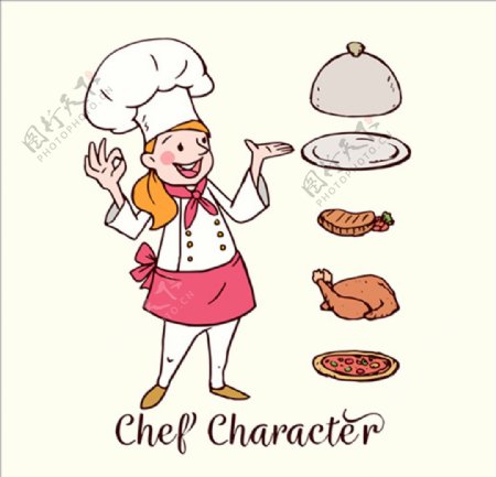 手绘卡通女厨师插图
