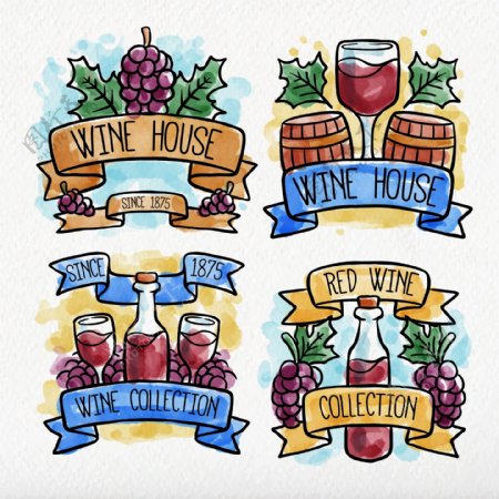 四款手绘水彩红葡萄酒标签