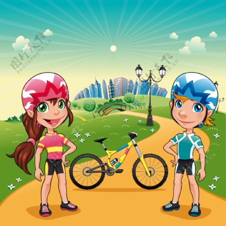 卡通自行车男女运动员