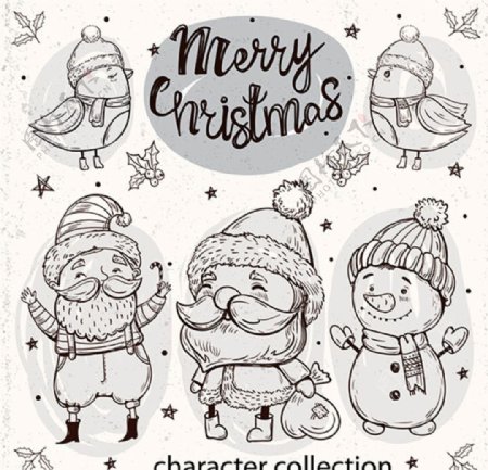 手绘圣诞节雪人和圣诞老人