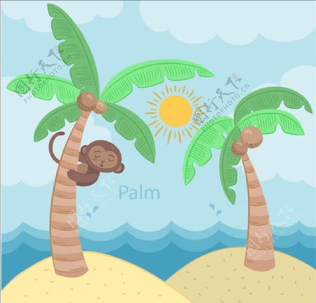 卡通棕榈树和猴子插图