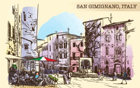 彩绘圣吉米尼亚诺城市风景矢量图