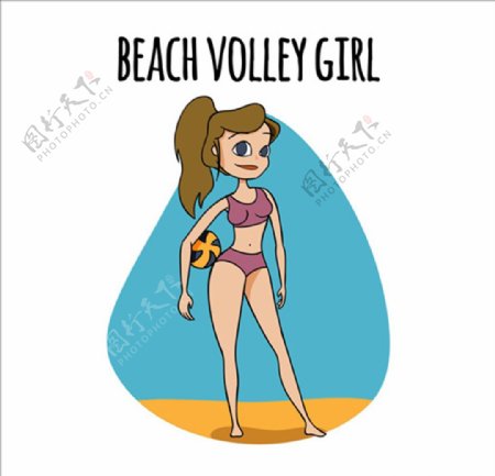 卡通沙滩排球女孩插图