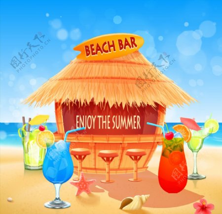 彩色卡通海滩酒吧海报矢量素材