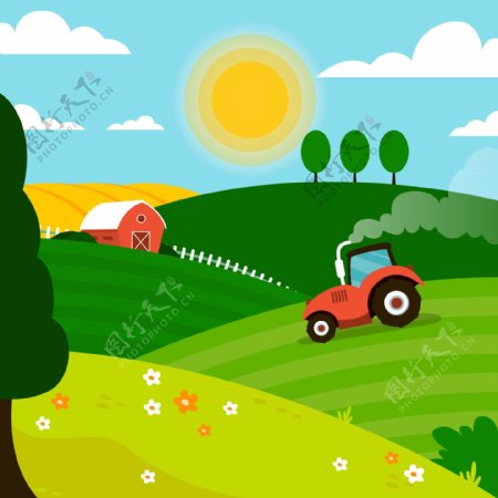 农场工作中的拖拉机风景矢量图