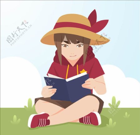 儿童节在草坪上看书的女孩子