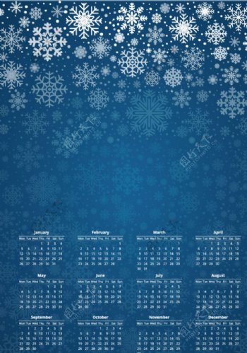 蓝色雪花背景2015年日历