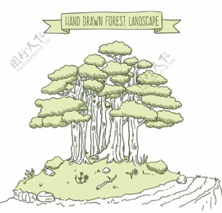 手绘素描春季小树林插图