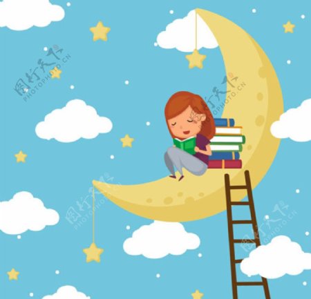 卡通儿童节在月亮上看书的女孩