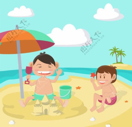 卡通儿童节在沙滩上的孩子