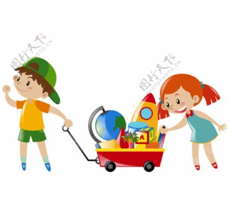 卡通儿童节推着玩具车的孩子