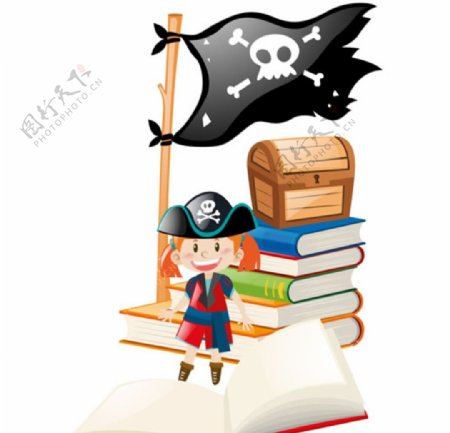 卡通儿童节看海盗书的孩子