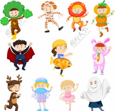 卡通儿童节不同装扮的孩子