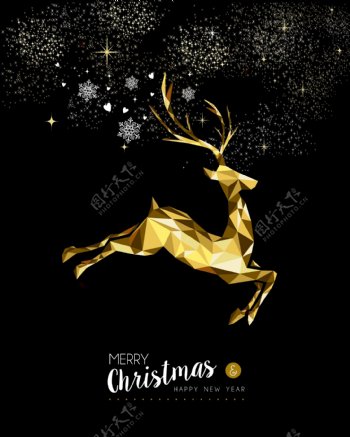 圣诞节海报金色跳跃的鹿设计矢量