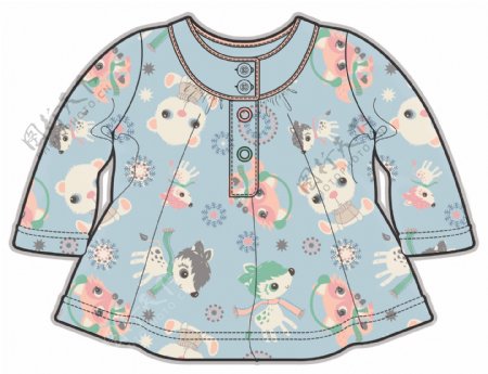 蓝色日式女宝宝服装设计彩色稿件矢量素材
