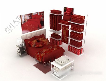中式红色喜庆双人床3d模型下载