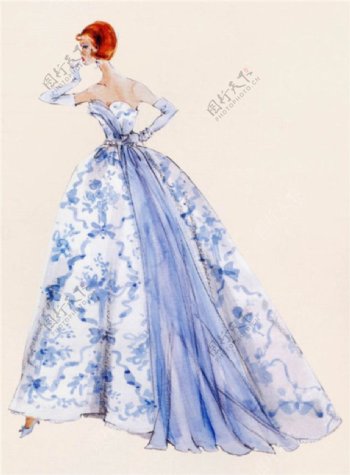 蓝色花纹露背礼服设计图