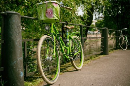绿色通勤自行车公园的绿色金属格栅