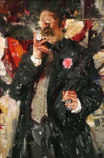 抽烟的西方绅士油画图片