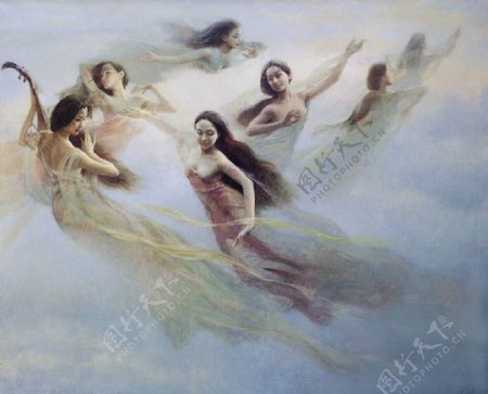 在云端飞翔的八仙女油画图片