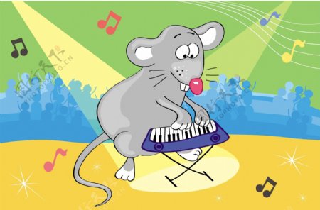 弹钢琴的老鼠插画风景背景矢量素材